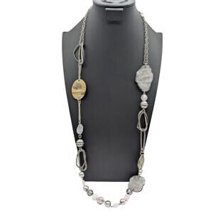 Chico's Silver Tone Multi-Bead Station Approximately 44" Long Necklace